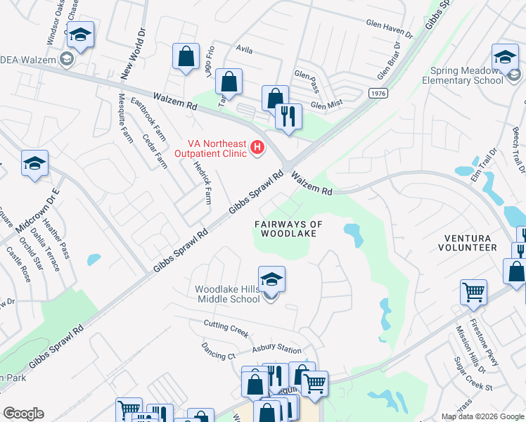map of restaurants, bars, coffee shops, grocery stores, and more near 7235 Winding Fence in San Antonio