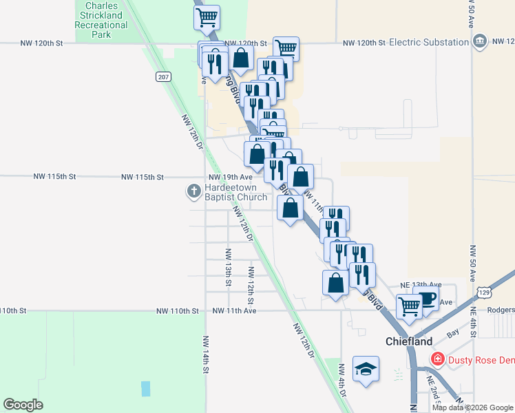 map of restaurants, bars, coffee shops, grocery stores, and more near 1011 Northwest 17th Avenue in Chiefland