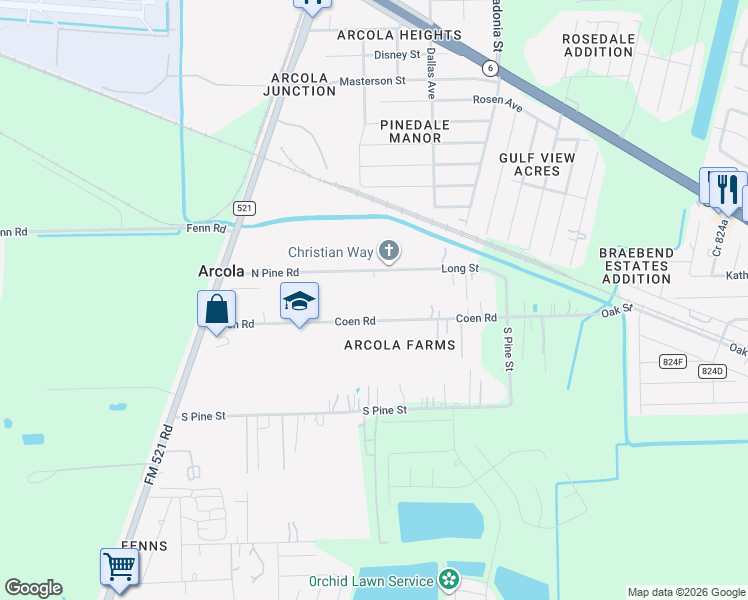 map of restaurants, bars, coffee shops, grocery stores, and more near 535 Coen Road in Rosharon