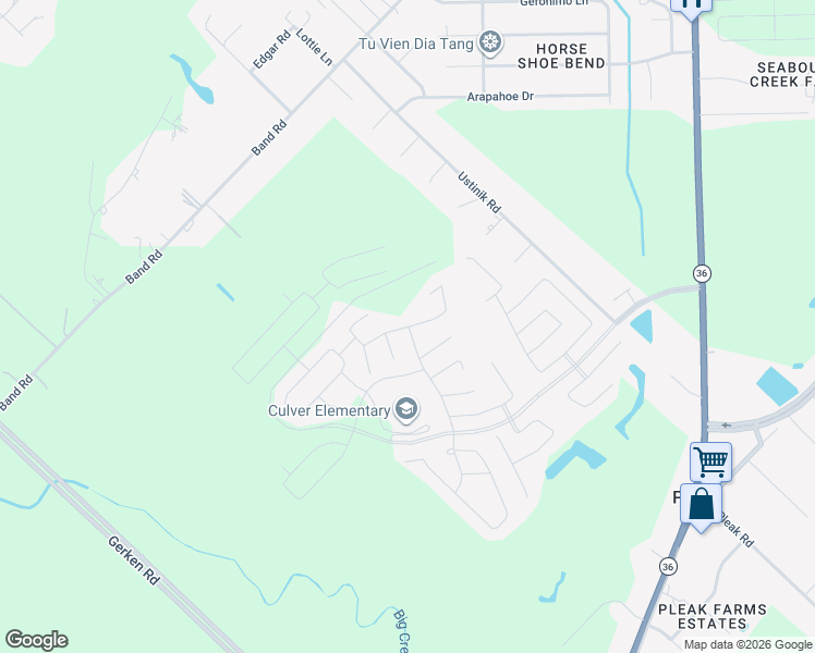map of restaurants, bars, coffee shops, grocery stores, and more near Crestone Drive in Rosenberg
