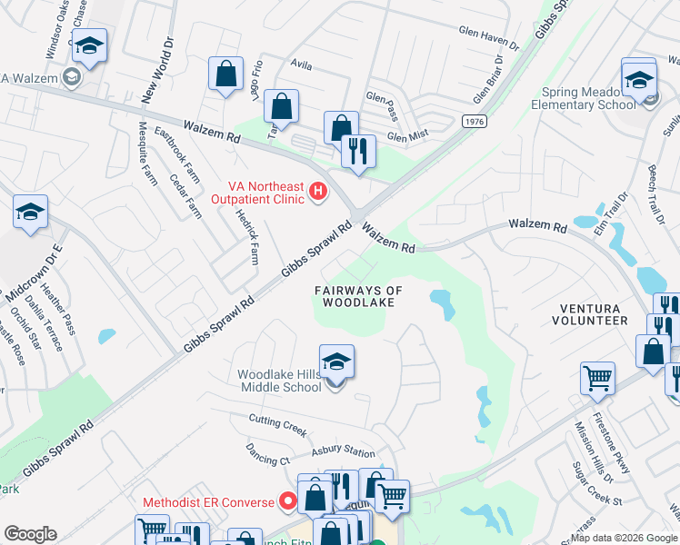 map of restaurants, bars, coffee shops, grocery stores, and more near 7235 Winding Fence in San Antonio