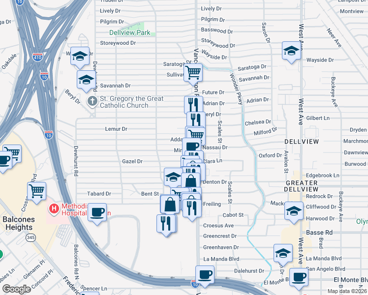 map of restaurants, bars, coffee shops, grocery stores, and more near 130 Mink Drive in San Antonio