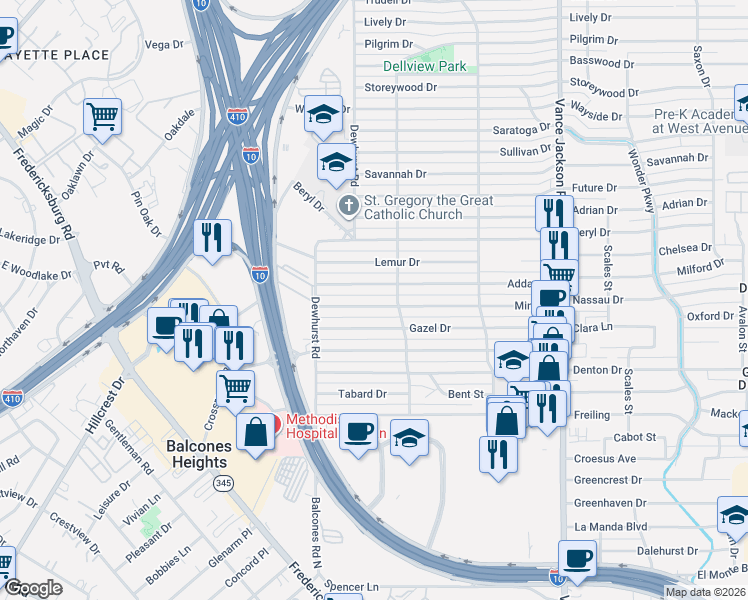 map of restaurants, bars, coffee shops, grocery stores, and more near 306 Mink Drive in San Antonio
