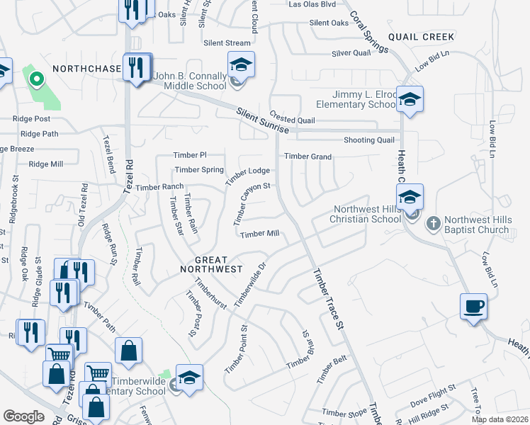 map of restaurants, bars, coffee shops, grocery stores, and more near 8414 Timber Bridge Street in San Antonio