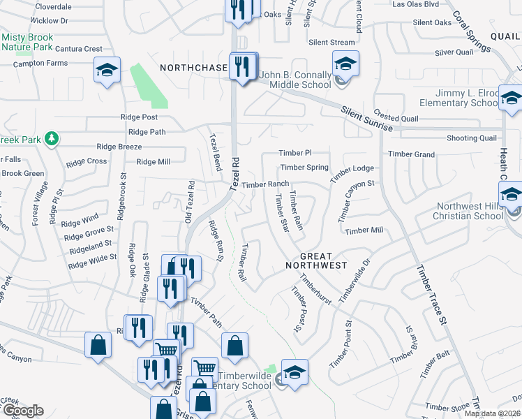 map of restaurants, bars, coffee shops, grocery stores, and more near 8711 Timber Plain in San Antonio