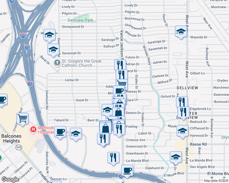 map of restaurants, bars, coffee shops, grocery stores, and more near 130 Mink Drive in San Antonio