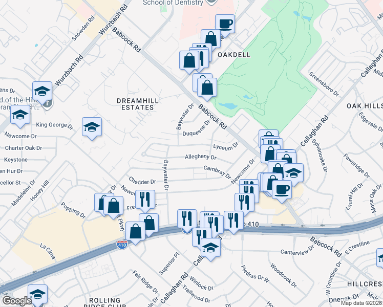 map of restaurants, bars, coffee shops, grocery stores, and more near 4622 Allegheny Drive in San Antonio