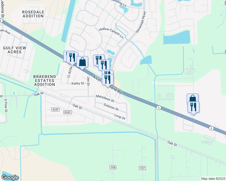 map of restaurants, bars, coffee shops, grocery stores, and more near 15110 Highway 6 in Rosharon