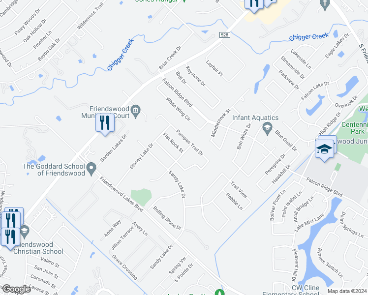 map of restaurants, bars, coffee shops, grocery stores, and more near 1882 Flat Rock Street in Friendswood