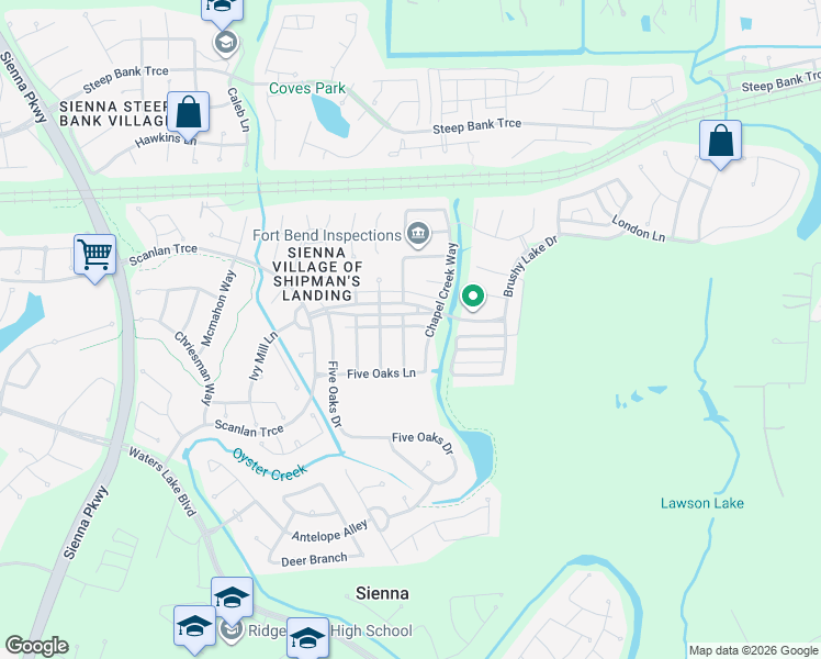 map of restaurants, bars, coffee shops, grocery stores, and more near 3219 Chapel Creek Way in Missouri City