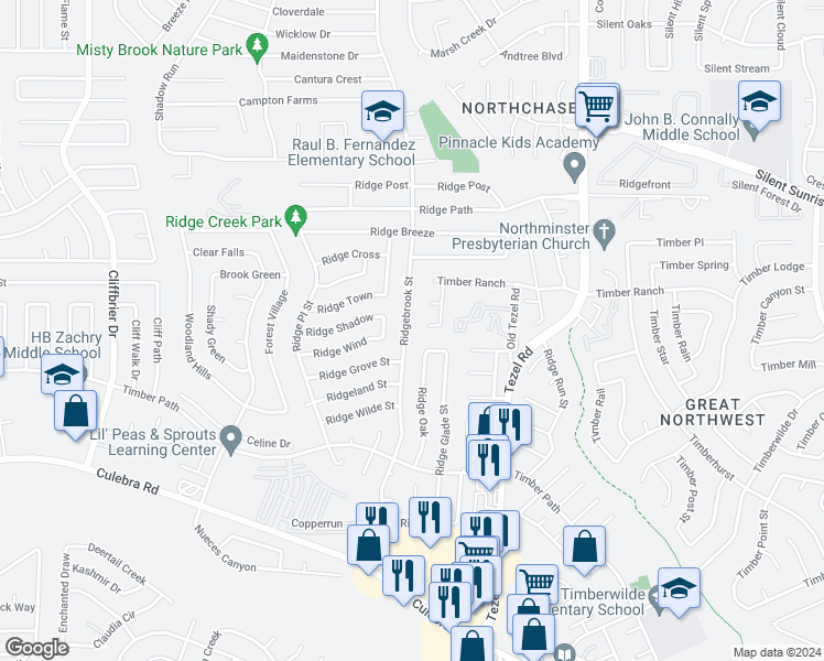 map of restaurants, bars, coffee shops, grocery stores, and more near 6254 Ridgebrook Street in San Antonio