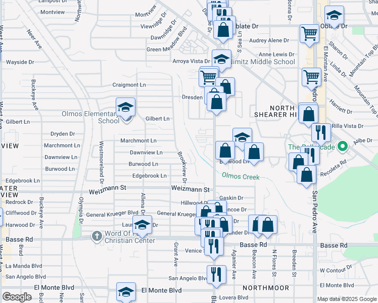 map of restaurants, bars, coffee shops, grocery stores, and more near 6907 Basilwood Drive in San Antonio
