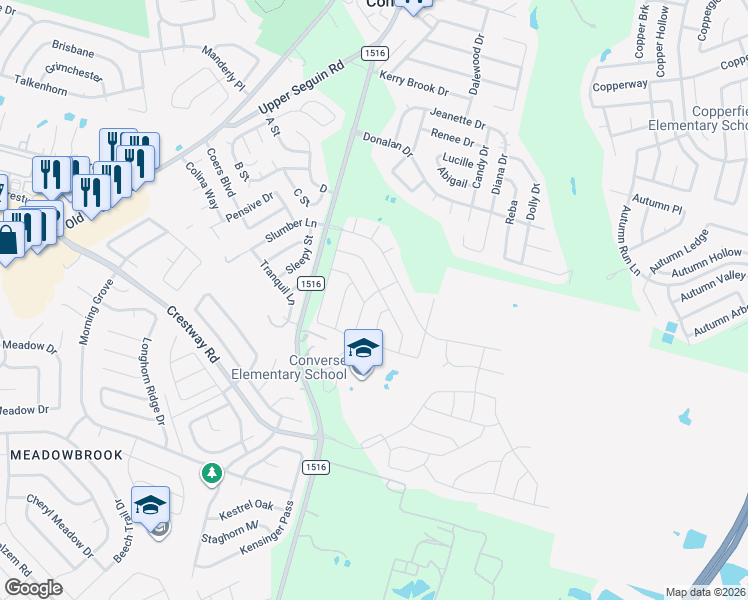 map of restaurants, bars, coffee shops, grocery stores, and more near 6810 Opus Lane in Converse