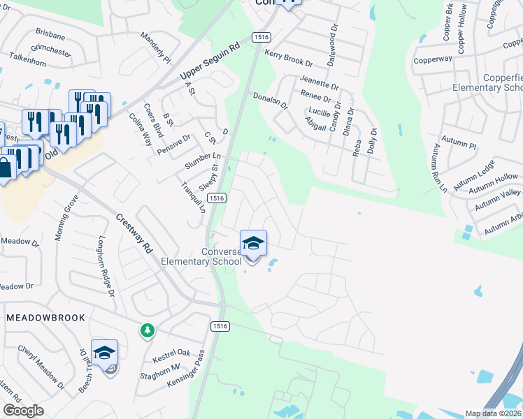 map of restaurants, bars, coffee shops, grocery stores, and more near 6810 Opus Lane in Converse