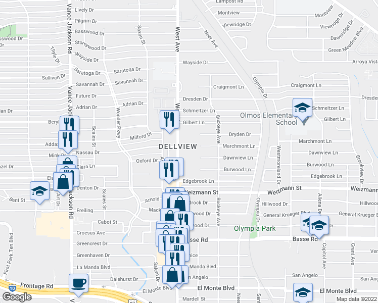 map of restaurants, bars, coffee shops, grocery stores, and more near 3500 West Avenue in San Antonio