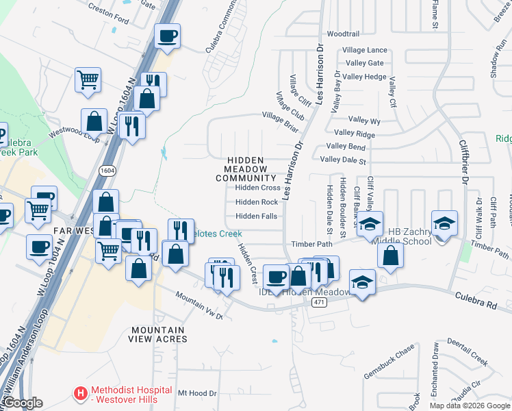 map of restaurants, bars, coffee shops, grocery stores, and more near 9746 Hidden Falls in San Antonio