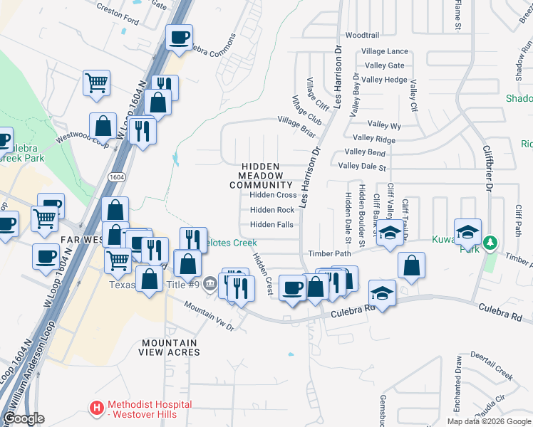 map of restaurants, bars, coffee shops, grocery stores, and more near 9746 Hidden Falls in San Antonio