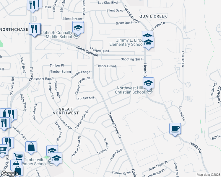 map of restaurants, bars, coffee shops, grocery stores, and more near 8354 Timber Basin Street in San Antonio