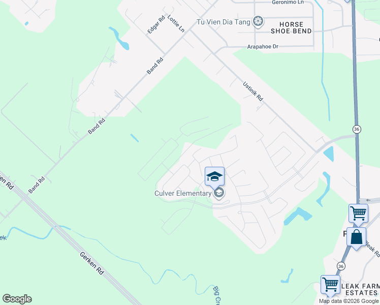 map of restaurants, bars, coffee shops, grocery stores, and more near 3142 Everwood Trail in Rosenberg