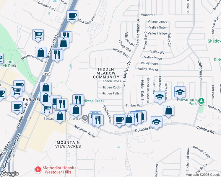 map of restaurants, bars, coffee shops, grocery stores, and more near 9746 Hidden Falls in San Antonio
