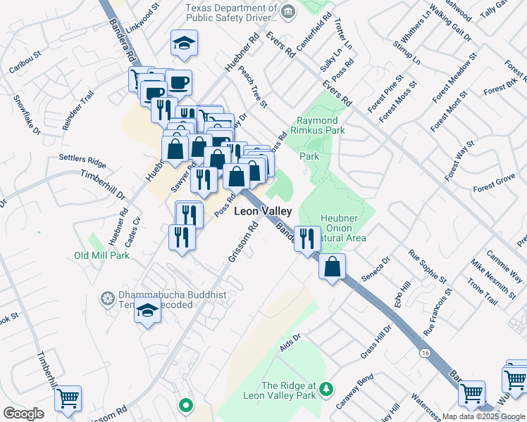 map of restaurants, bars, coffee shops, grocery stores, and more near in Leon Valley