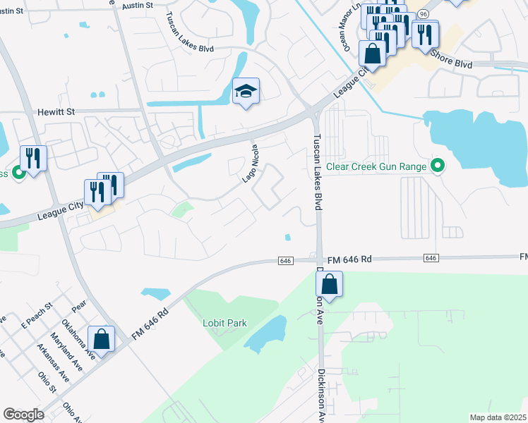 map of restaurants, bars, coffee shops, grocery stores, and more near 1621 Bel Riposo Lane in League City