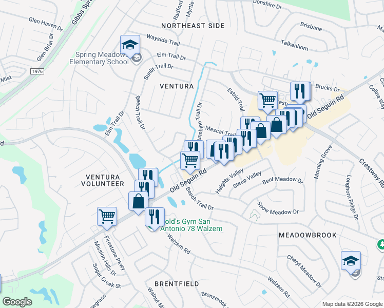 map of restaurants, bars, coffee shops, grocery stores, and more near 8026 Sunshine Trail Drive in San Antonio