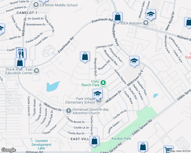 map of restaurants, bars, coffee shops, grocery stores, and more near 7119 Magnolia Bluff in San Antonio
