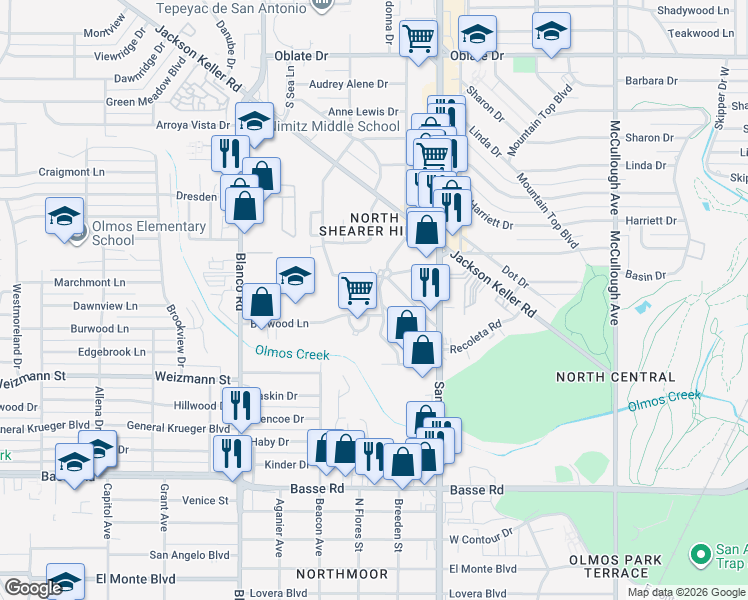 map of restaurants, bars, coffee shops, grocery stores, and more near 102 Interloop Road in San Antonio