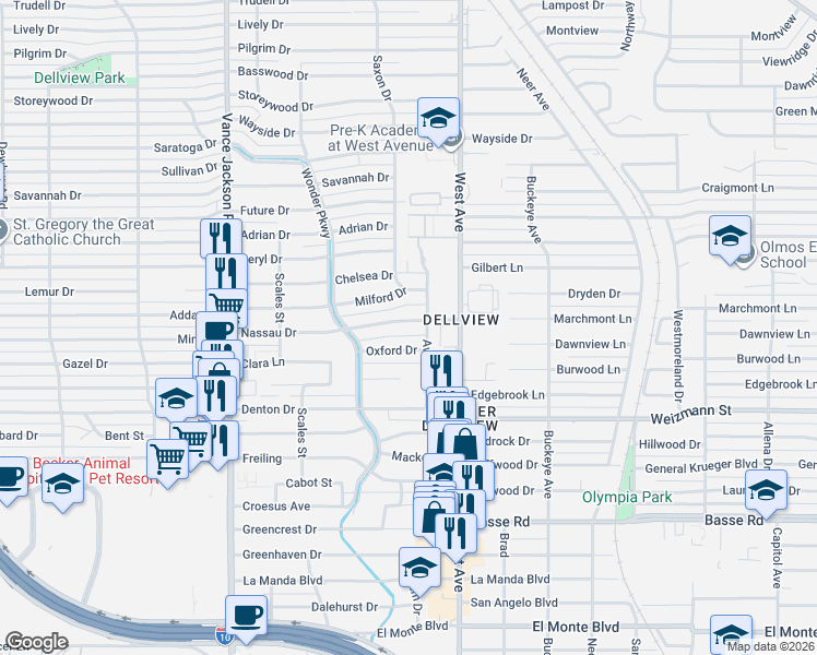 map of restaurants, bars, coffee shops, grocery stores, and more near 103 Oxford Drive in San Antonio