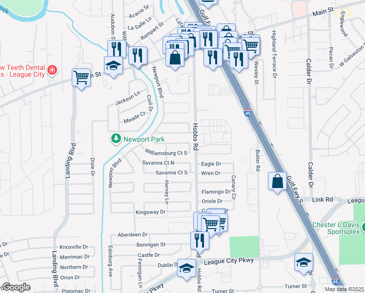 map of restaurants, bars, coffee shops, grocery stores, and more near 2003 Williamsburg Court South in League City
