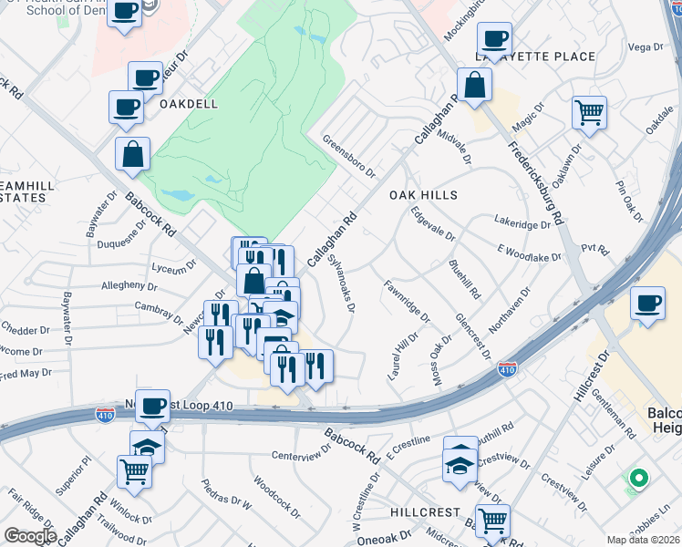 map of restaurants, bars, coffee shops, grocery stores, and more near 4207 Sylvanoaks Drive in San Antonio