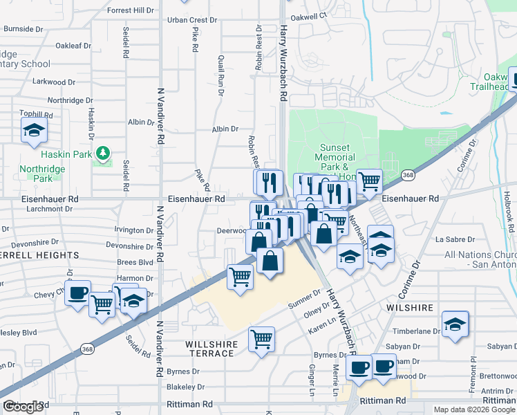 map of restaurants, bars, coffee shops, grocery stores, and more near 7103 Robin Rest Drive in San Antonio