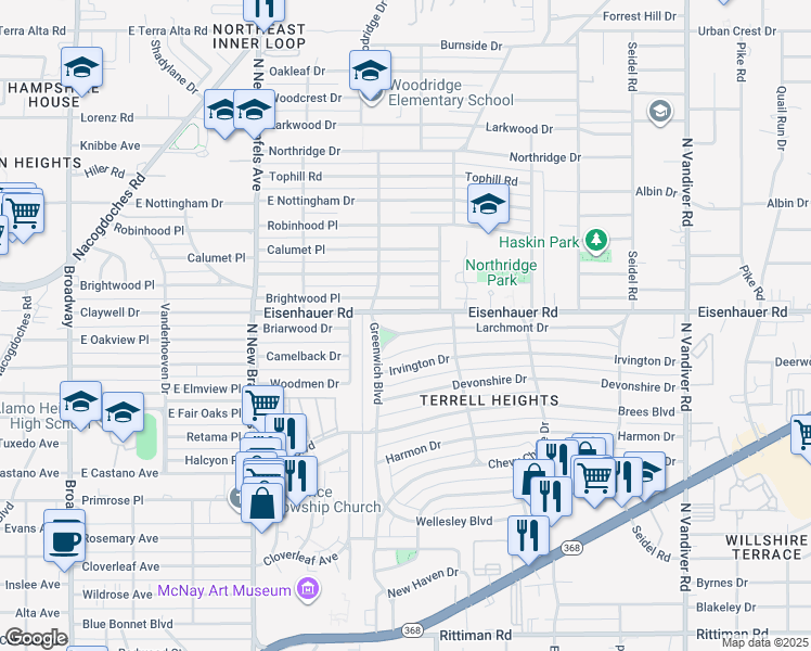 map of restaurants, bars, coffee shops, grocery stores, and more near 606 Brightwood Place in San Antonio