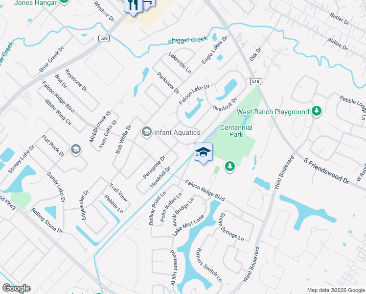map of restaurants, bars, coffee shops, grocery stores, and more near 708 High Ridge Drive in Friendswood