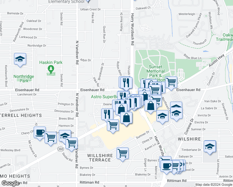 map of restaurants, bars, coffee shops, grocery stores, and more near 7103 Robin Rest Drive in San Antonio