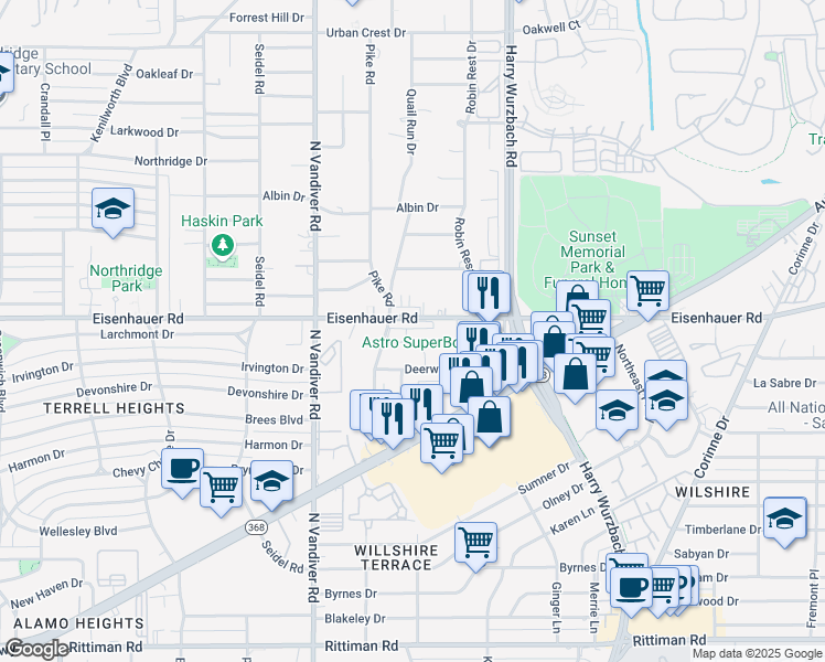 map of restaurants, bars, coffee shops, grocery stores, and more near in San Antonio