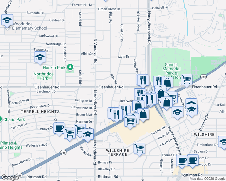 map of restaurants, bars, coffee shops, grocery stores, and more near 3085 Eisenhauer Road in San Antonio