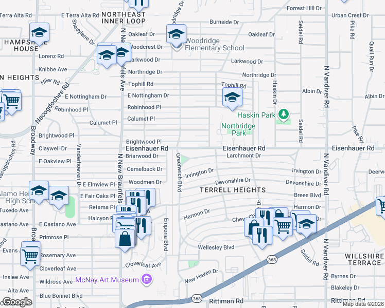 map of restaurants, bars, coffee shops, grocery stores, and more near 606 Brightwood Place in San Antonio