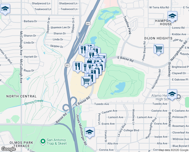 map of restaurants, bars, coffee shops, grocery stores, and more near 300 East Basse Road in San Antonio