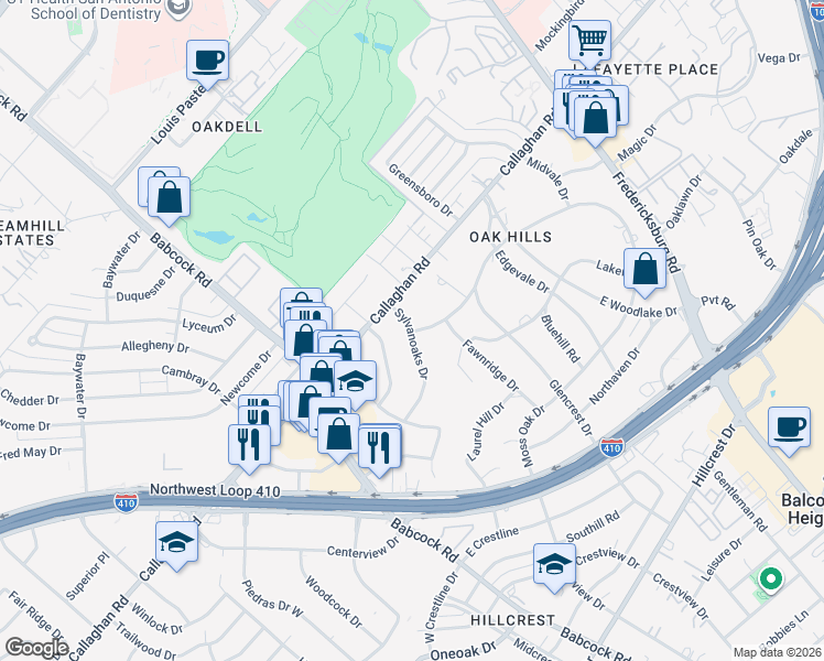 map of restaurants, bars, coffee shops, grocery stores, and more near 4207 Sylvanoaks Drive in San Antonio