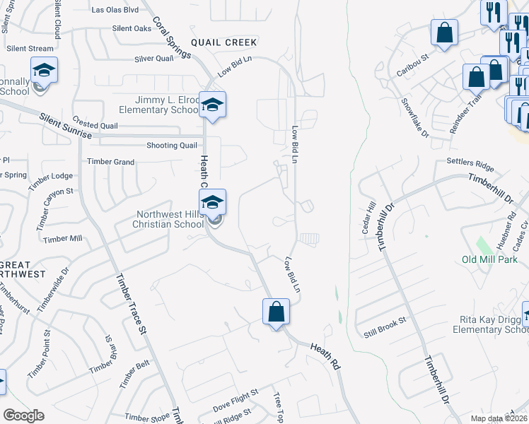 map of restaurants, bars, coffee shops, grocery stores, and more near 6735 Low Bid Lane in San Antonio