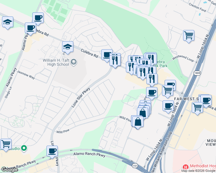 map of restaurants, bars, coffee shops, grocery stores, and more near 11234 Thorn Apple in San Antonio