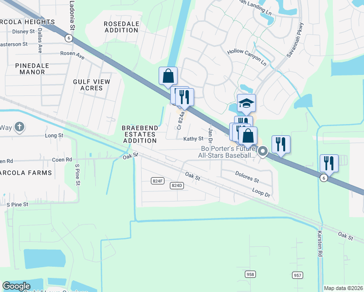 map of restaurants, bars, coffee shops, grocery stores, and more near 1415 Kathy Street in Rosharon
