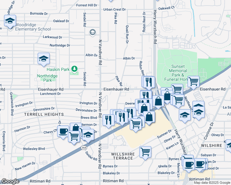map of restaurants, bars, coffee shops, grocery stores, and more near 39 Eisenhauer Road in San Antonio