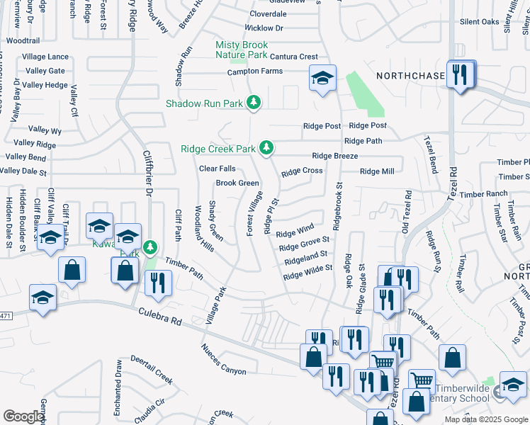 map of restaurants, bars, coffee shops, grocery stores, and more near 9251 Ridge Town in San Antonio