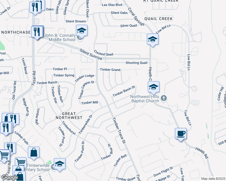 map of restaurants, bars, coffee shops, grocery stores, and more near 8354 Timber Cabin in San Antonio