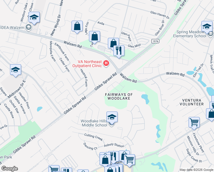 map of restaurants, bars, coffee shops, grocery stores, and more near 7103 Winding Shelf in San Antonio