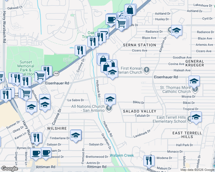 map of restaurants, bars, coffee shops, grocery stores, and more near 3900 Eisenhauer Road in San Antonio