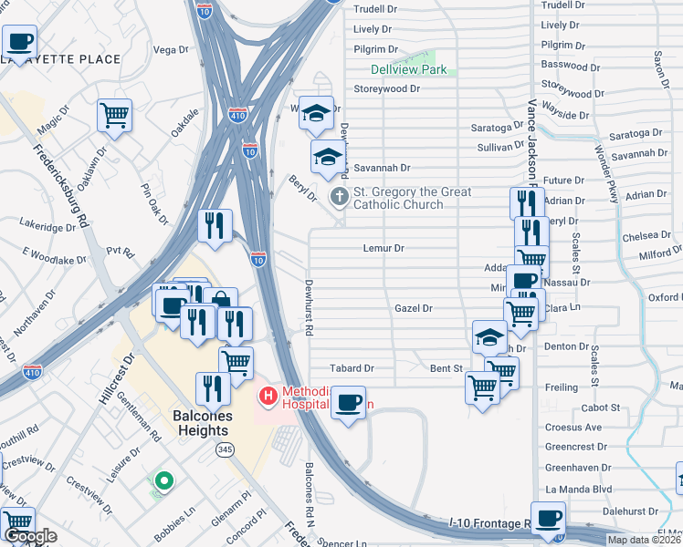 map of restaurants, bars, coffee shops, grocery stores, and more near 335 Addax Drive in San Antonio